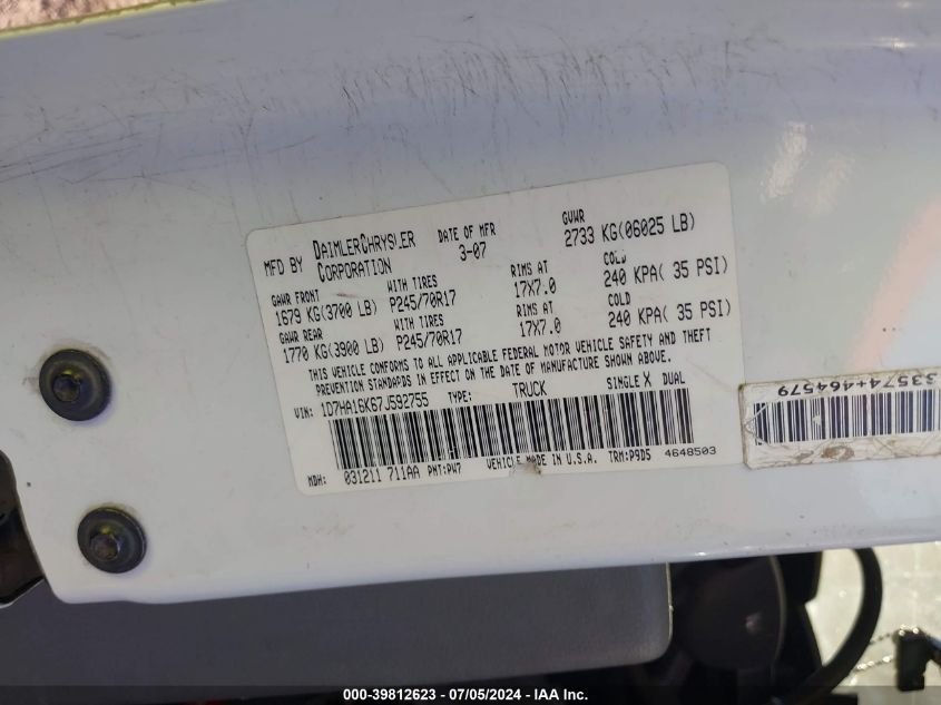 2007 Dodge Ram 1500 St VIN: 1D7HA16K67J592755 Lot: 39812623