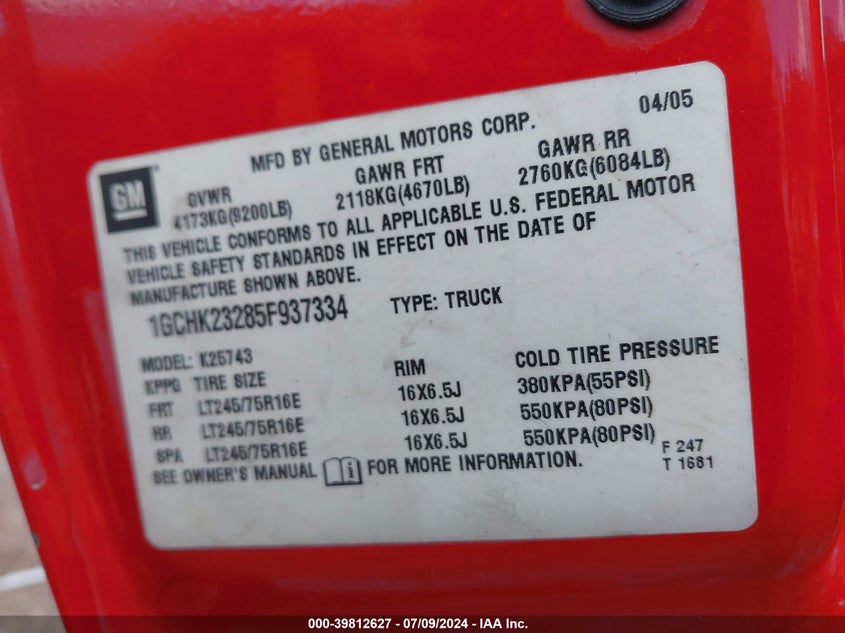 2005 Chevrolet Silverado 2500Hd Lt VIN: 1GCHK23285F937334 Lot: 39812627