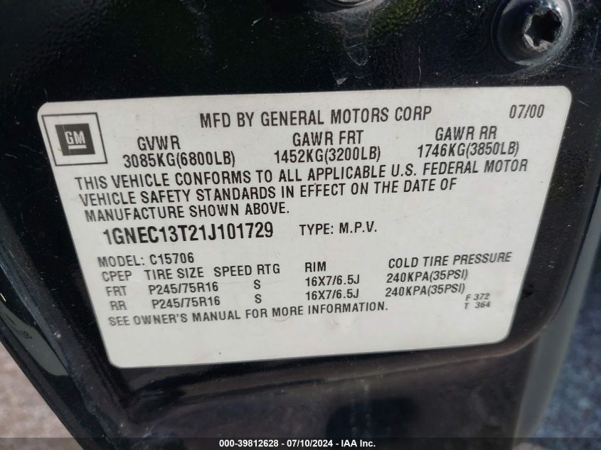2001 Chevrolet Tahoe Lt VIN: 1GNEC13T21J101729 Lot: 39812628