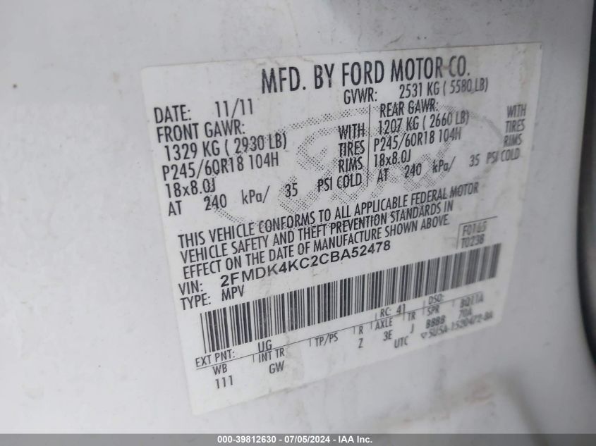 2012 Ford Edge Limited VIN: 2FMDK4KC2CBA52478 Lot: 39812630