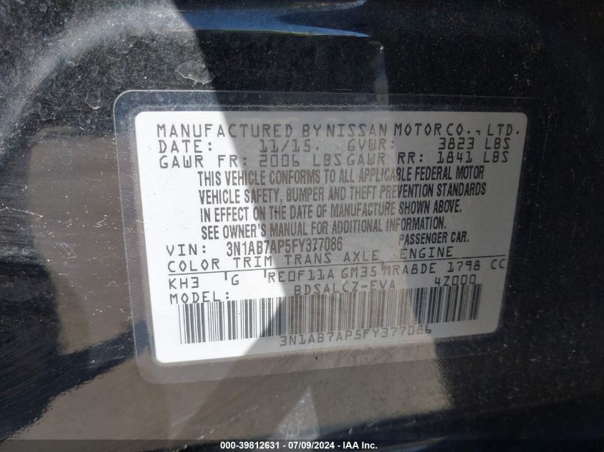 2015 Nissan Sentra S VIN: 3N1AB7AP5FY377086 Lot: 39812631