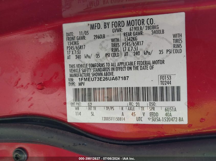 2006 Ford Explorer Xlt VIN: 1FMEU73E26UA67187 Lot: 39812637