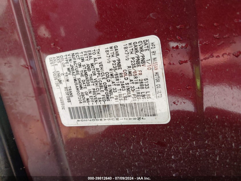 2010 Nissan Murano Sl VIN: JN8AZ1MU5AW007204 Lot: 39812640