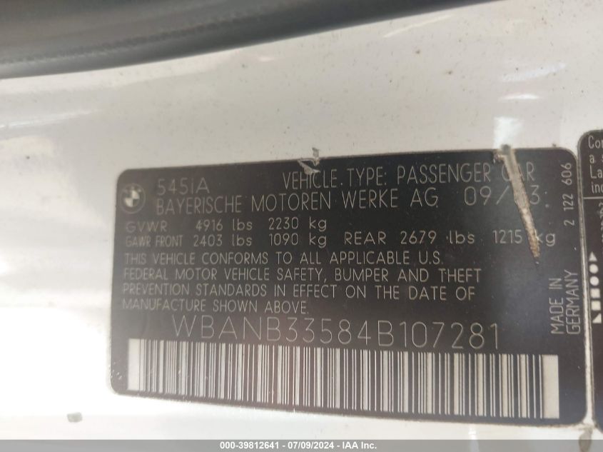 2004 BMW 545I VIN: WBANB33584B107281 Lot: 39812641