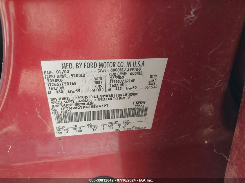 2003 Ford F-250 Lariat/Xl/Xlt VIN: 1FTNW21P43EB64791 Lot: 39812642