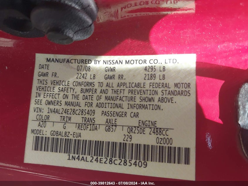2008 Nissan Altima 2.5 S VIN: 1N4AL24E28C285409 Lot: 39812643