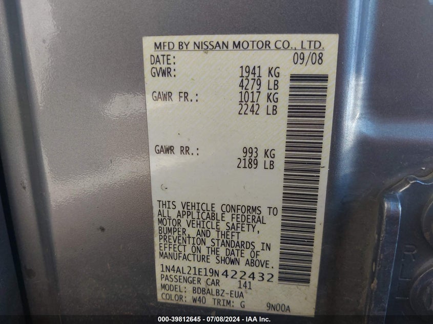 2009 Nissan Altima 2.5 S VIN: 1N4AL21E19N422432 Lot: 39812645