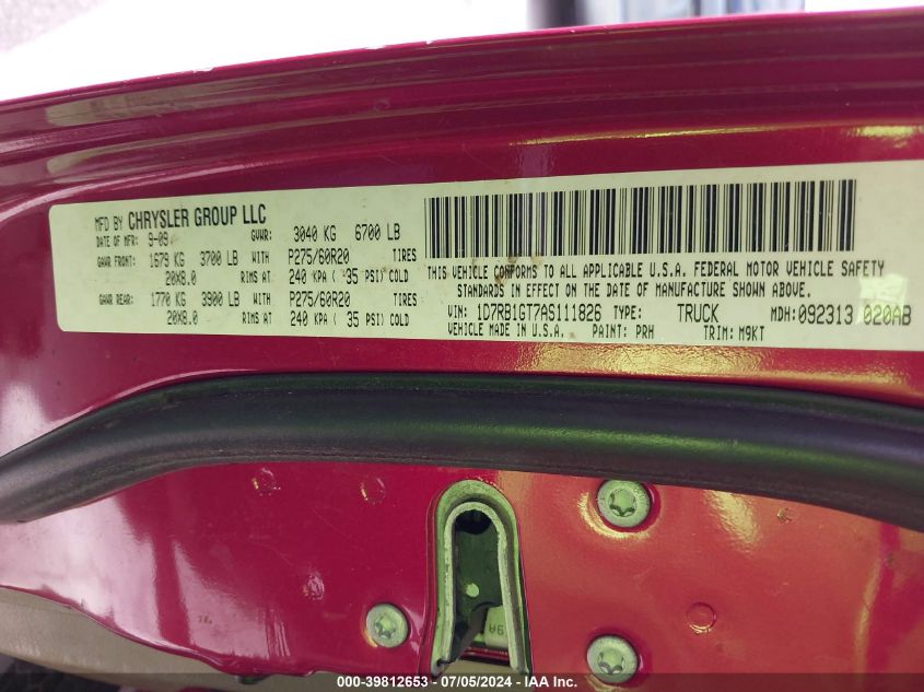 2010 Dodge Ram 1500 Slt/Sport/Trx VIN: 1D7RB1GT7AS111826 Lot: 39812653