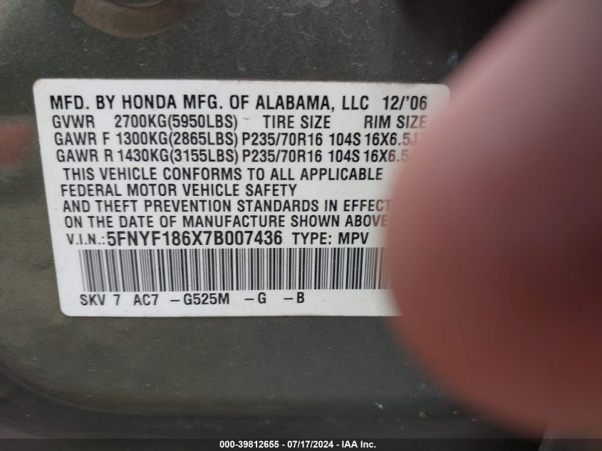 2007 Honda Pilot Ex-L VIN: 5FNYF186X7B007436 Lot: 39812655