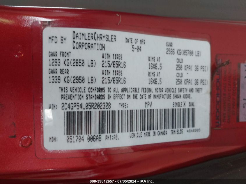2005 Chrysler Town & Country Touring VIN: 2C4GP54L05R202328 Lot: 39812657