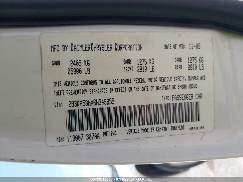 2006 Dodge Charger Rt VIN: 2B3KA53HX6H349855 Lot: 39812660