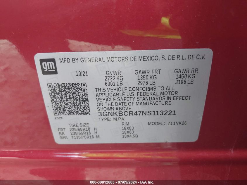 2022 Chevrolet Blazer Fwd 2Lt VIN: 3GNKBCR47NS113221 Lot: 39812663