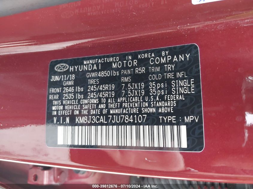 2018 Hyundai Tucson Sport VIN: KM8J3CAL7JU784107 Lot: 39812676