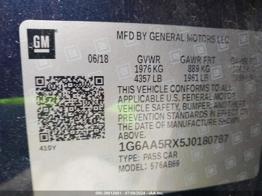 2018 Cadillac Ats Standard VIN: 1G6AA5RX5J0180787 Lot: 39812681