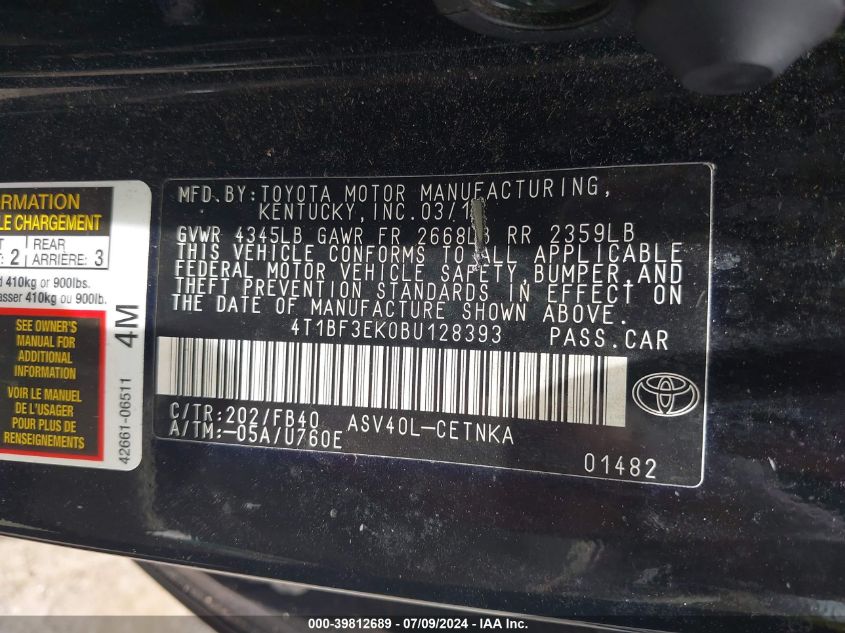 4T1BF3EK0BU128393 | 2011 TOYOTA CAMRY