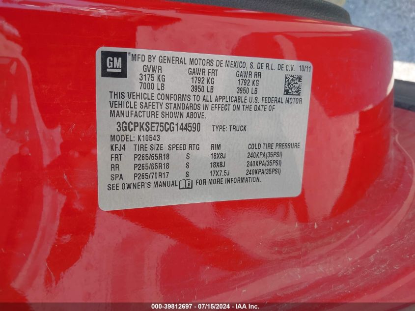 2012 Chevrolet Silverado 1500 Lt VIN: 3GCPKSE75CG144590 Lot: 39812697