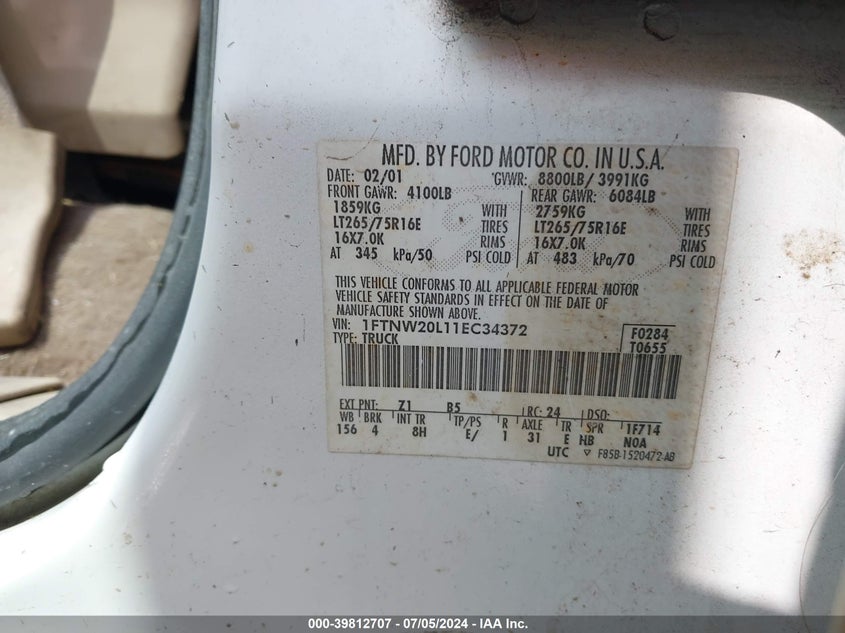 2001 Ford F-250 Lariat/Xl/Xlt VIN: 1FTNW20L11EC34372 Lot: 39812707