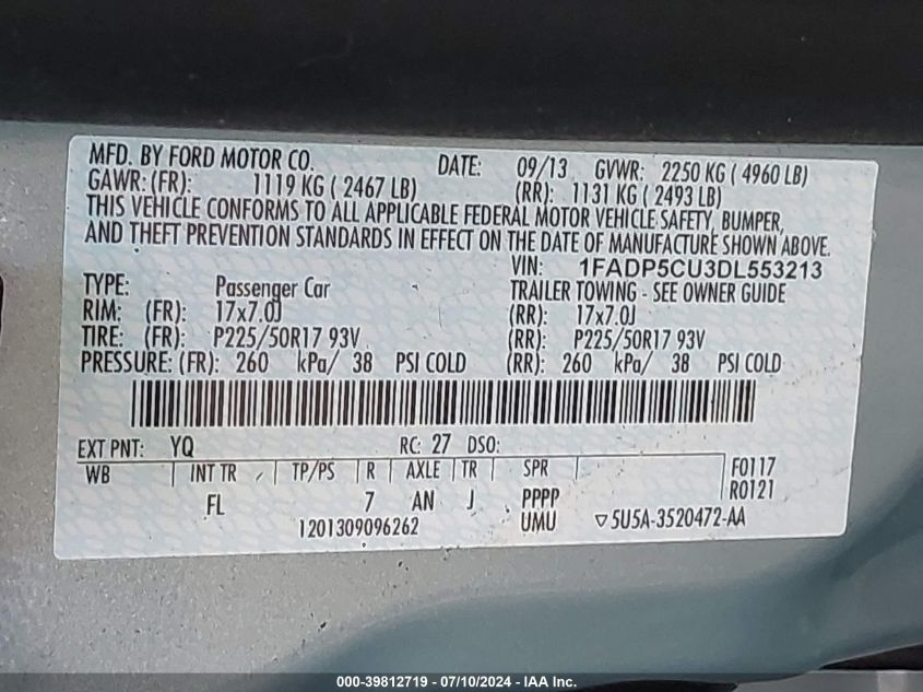 2013 Ford C-Max Energi Premium VIN: 1FADP5CU3DL553213 Lot: 39812719