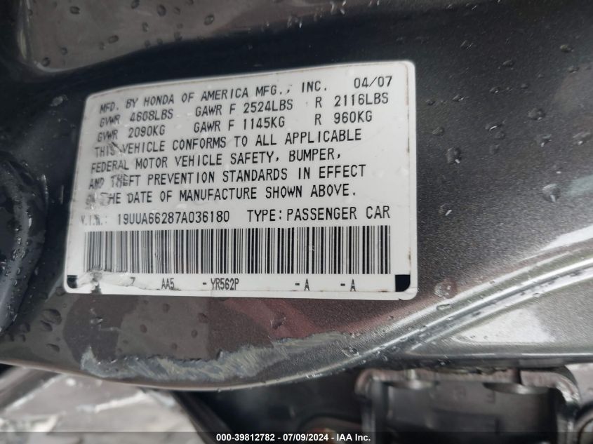 2007 Acura Tl 3.2 VIN: 19UUA66287A036180 Lot: 39812782