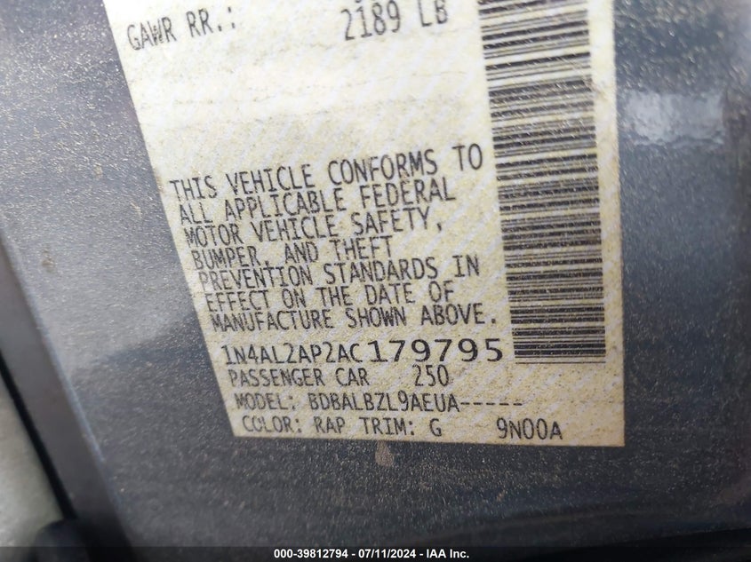 2010 Nissan Altima 2.5 S VIN: 1N4AL2AP2AC179795 Lot: 39812794