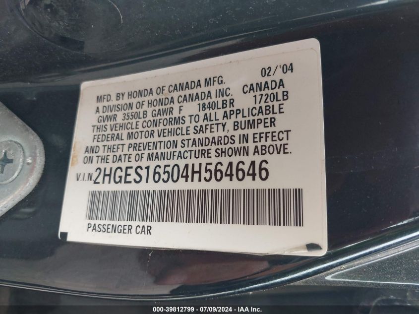 2004 Honda Civic Lx VIN: 2HGES16504H564646 Lot: 39812799
