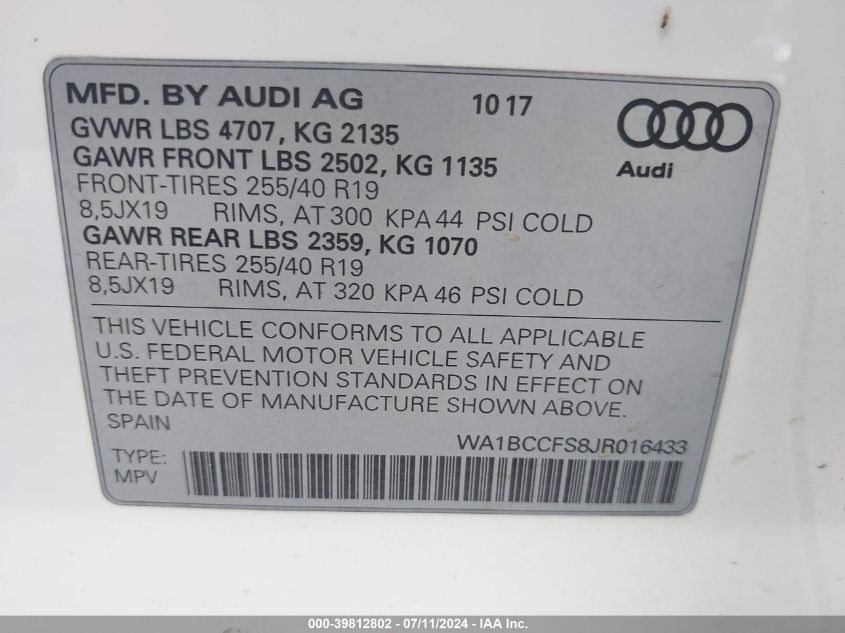 2018 Audi Q3 2.0T Premium/2.0T Sport Premium VIN: WA1BCCFS8JR016433 Lot: 39812802