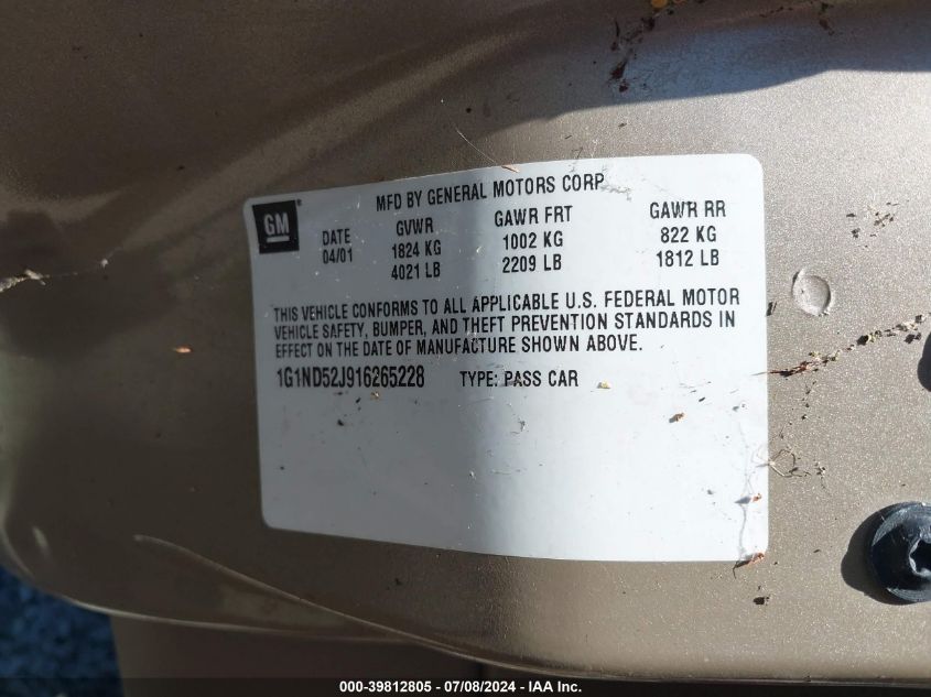 2001 Chevrolet Malibu VIN: 1G1ND52J916265228 Lot: 39812805