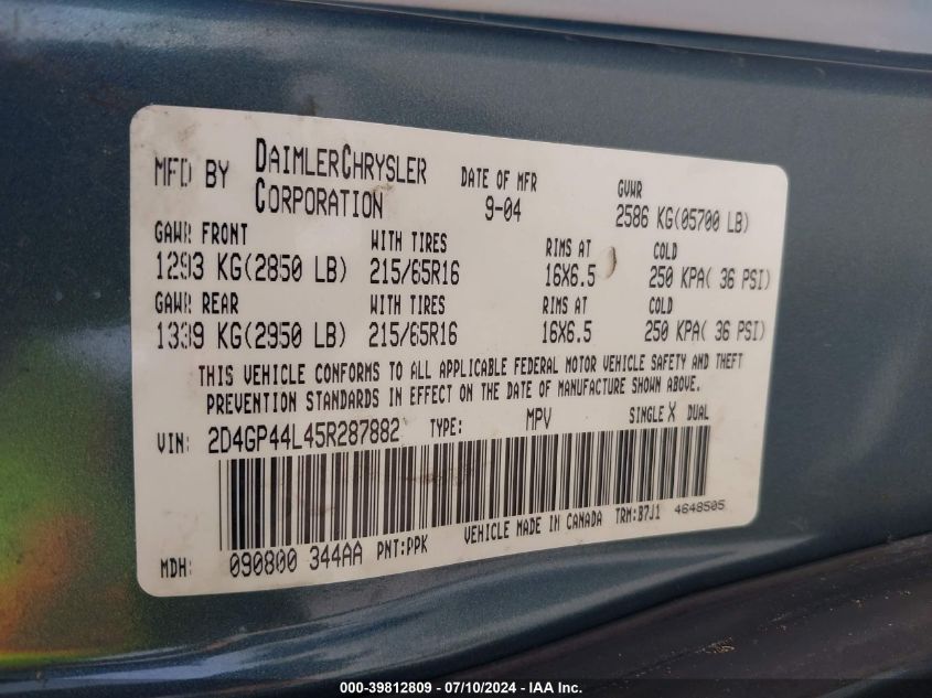 2005 Dodge Grand Caravan Sxt VIN: 2D4GP44L45R287882 Lot: 39812809