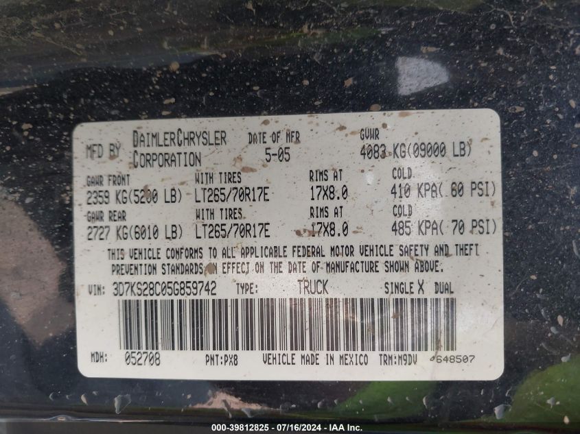 2005 Dodge Ram 2500 Slt/Laramie VIN: 3D7KS28C05G859742 Lot: 39812825