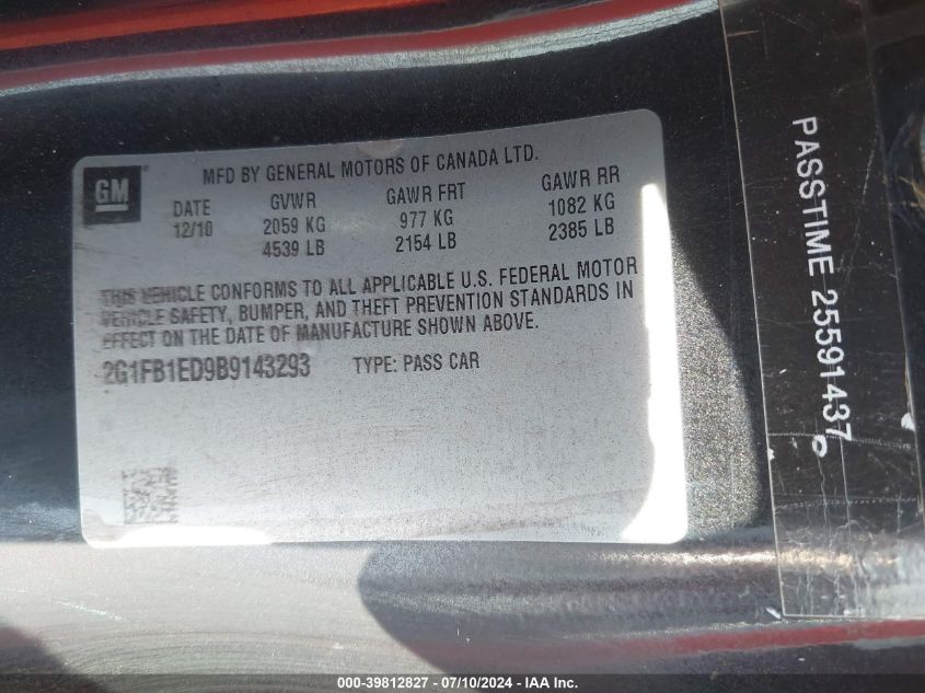 2011 Chevrolet Camaro Lt VIN: 2G1FB1ED9B9143293 Lot: 39812827