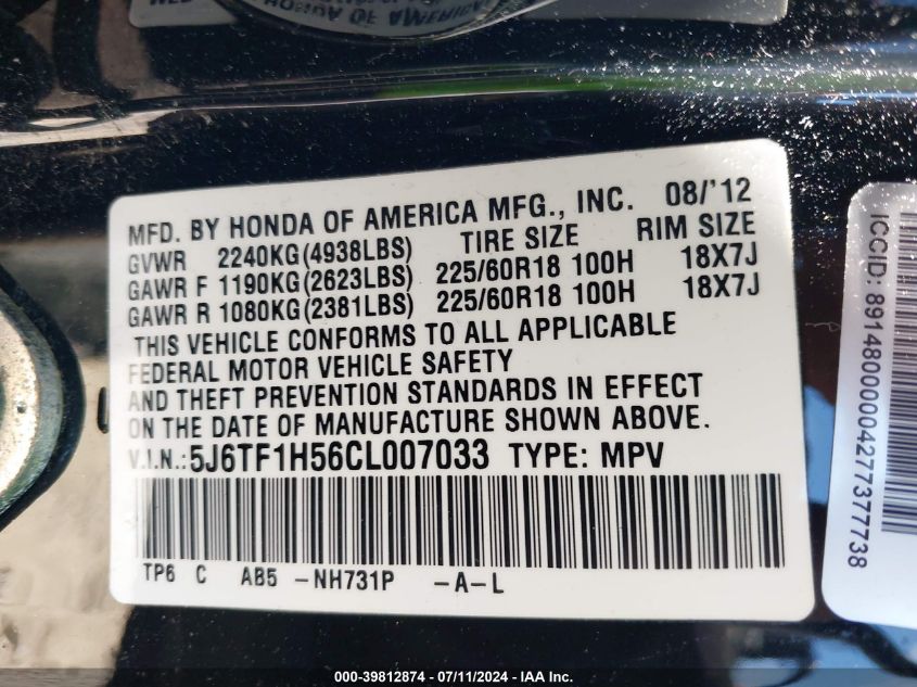 2012 Honda Crosstour Ex-L VIN: 5J6TF1H56CL007033 Lot: 39812874