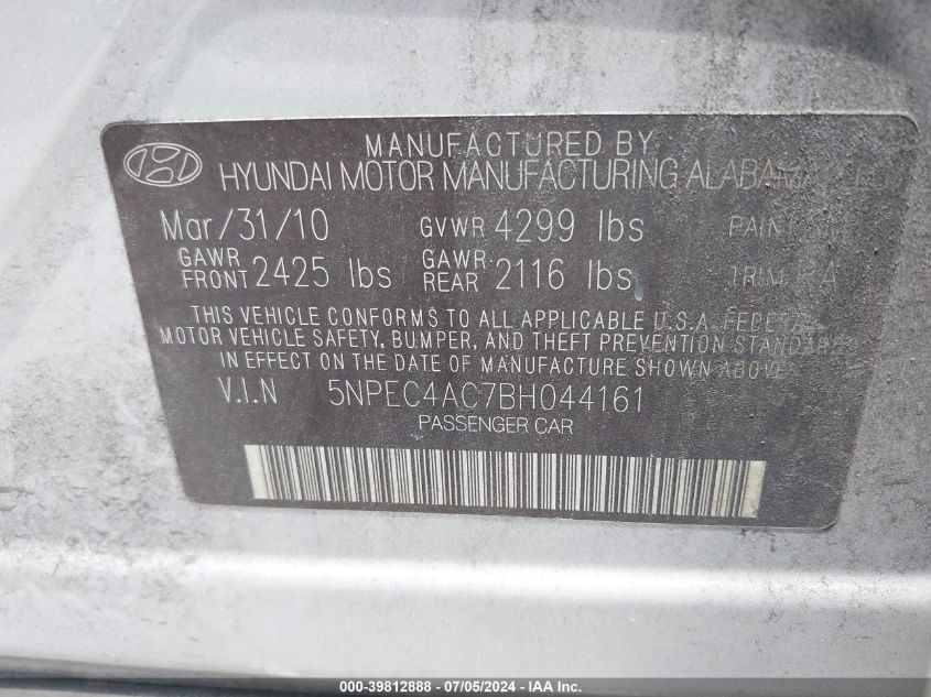 5NPEC4AC7BH044161 | 2011 HYUNDAI SONATA