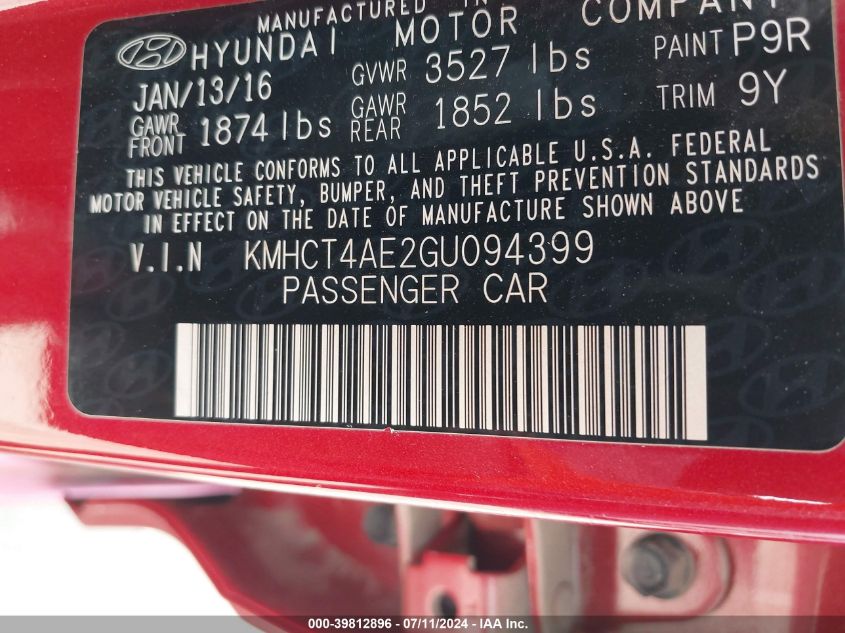 2016 Hyundai Accent Se VIN: KMHCT4AE2GU094399 Lot: 39812896