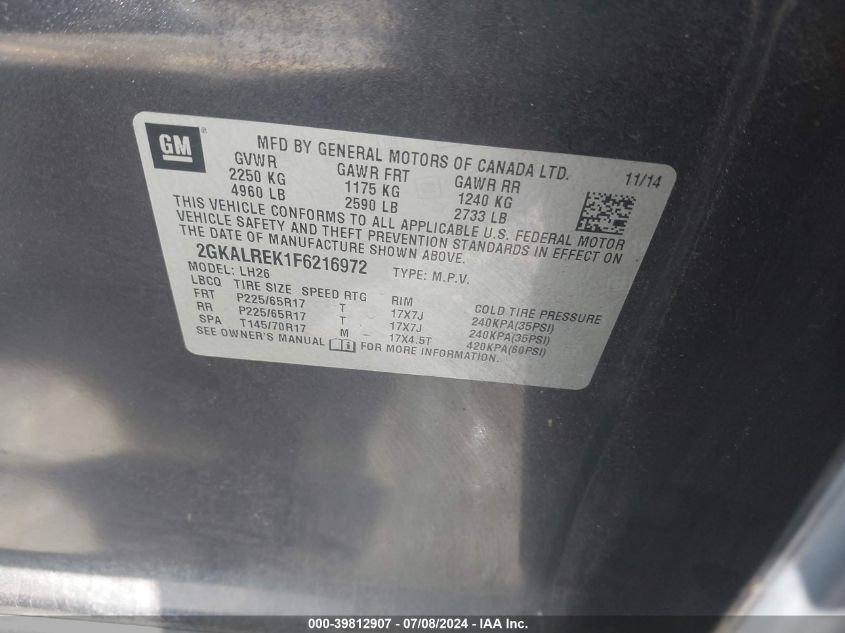 2015 GMC Terrain Sle-2 VIN: 2GKALREK1F6216972 Lot: 39812907