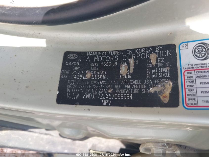 2005 Kia Sportage Ex V6/Lx V6 VIN: KNDJF723X57096964 Lot: 39812908