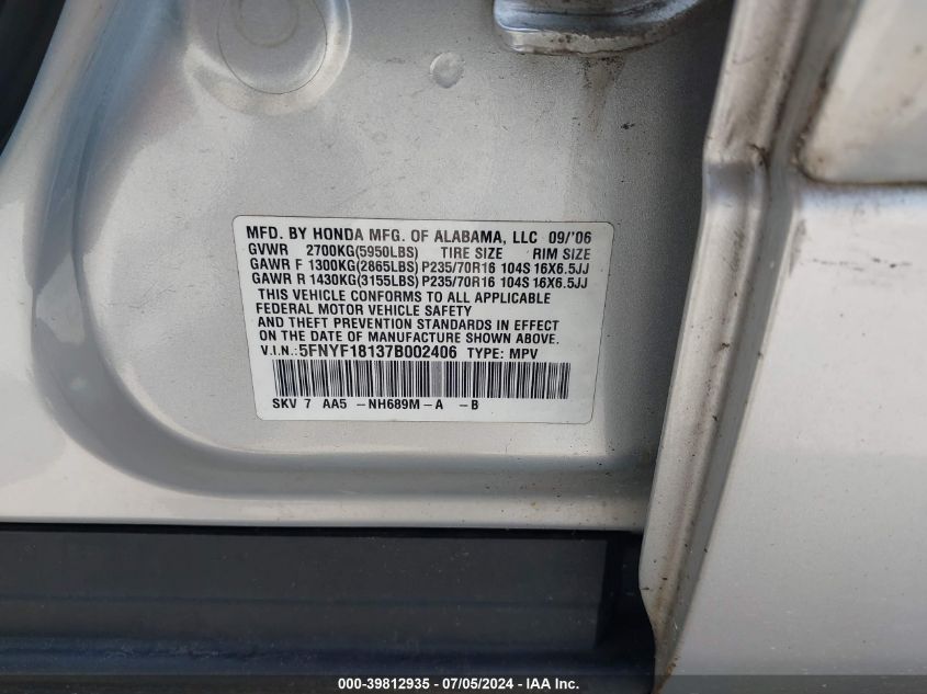 2007 Honda Pilot Lx VIN: 5FNYF18137B002406 Lot: 39812935