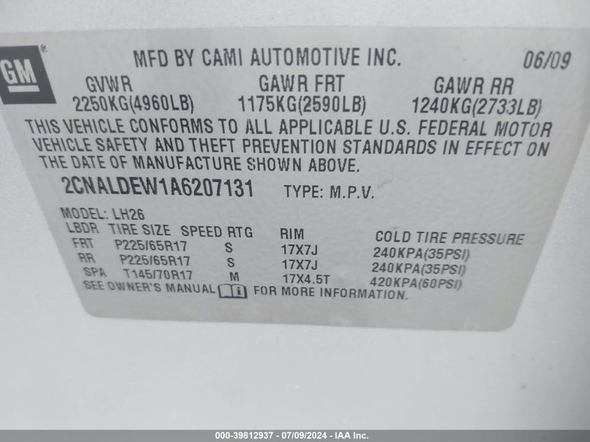 2010 Chevrolet Equinox Lt VIN: 2CNALDEW1A6207131 Lot: 39812937