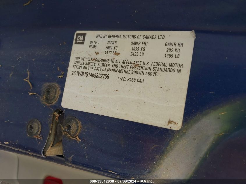 2006 Chevrolet Monte Carlo Ltz VIN: 2G1WN151469302756 Lot: 39812938