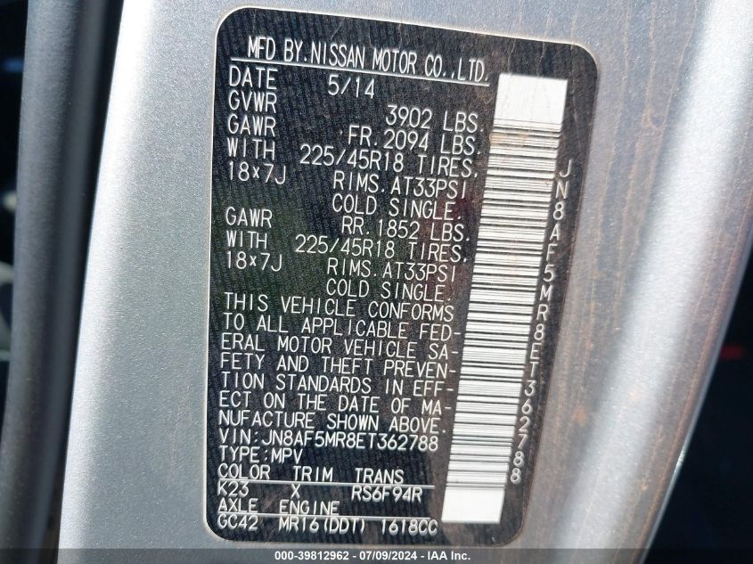 2014 Nissan Juke Nismo VIN: JN8AF5MR8ET362788 Lot: 39812962