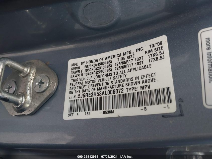 2010 Honda Cr-V Ex VIN: 5J6RE3H53AL006072 Lot: 39812965