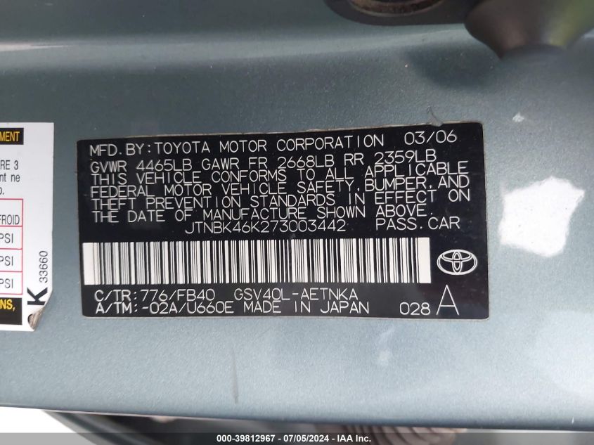 2007 Toyota Camry Le V6 VIN: JTNBK46K273003442 Lot: 39812967
