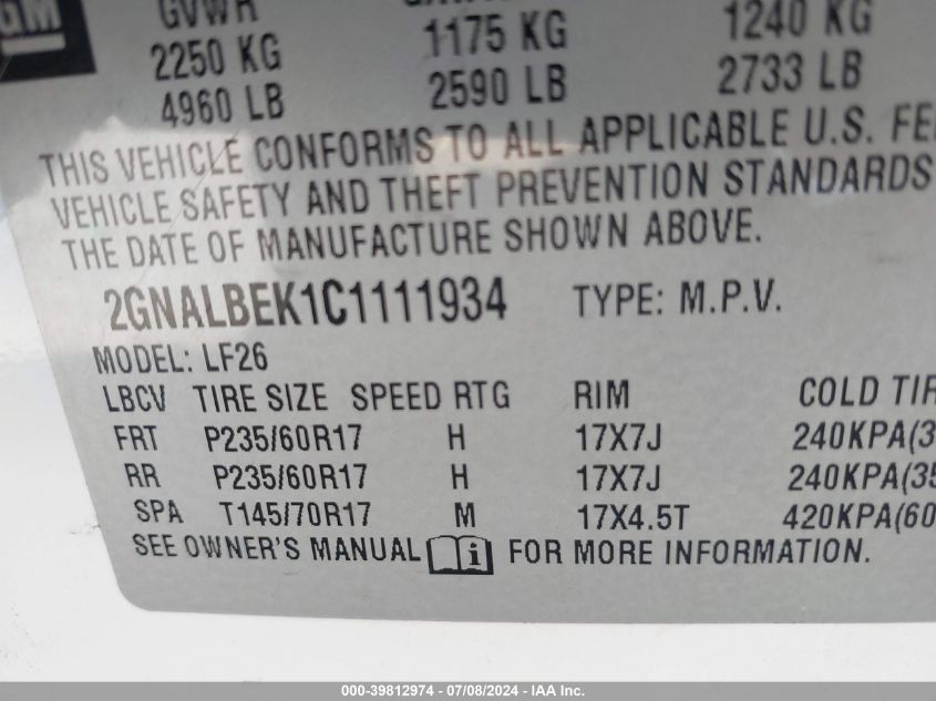 2012 Chevrolet Equinox Ls VIN: 2GNALBEK1C1111934 Lot: 39812974