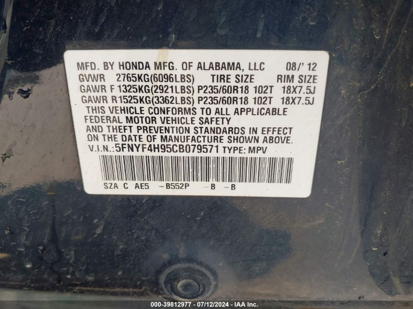 2012 Honda Pilot Touring VIN: 5FNYF4H95CB079571 Lot: 39812977