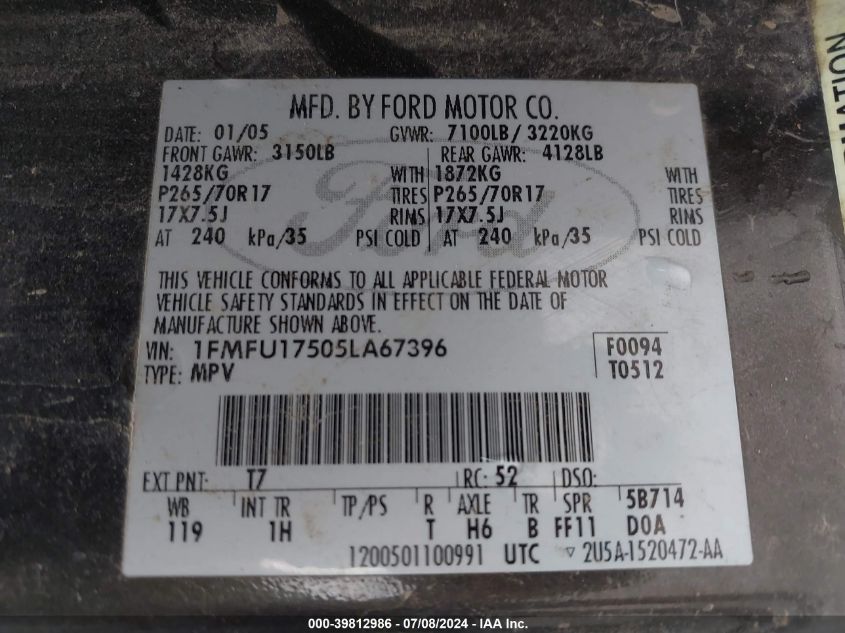 2005 Ford Expedition Eddie Bauer/King Ranch VIN: 1FMFU17505LA67396 Lot: 39812986