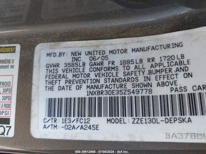 2005 Toyota Corolla S VIN: 1NXBR30E35Z549778 Lot: 39812988