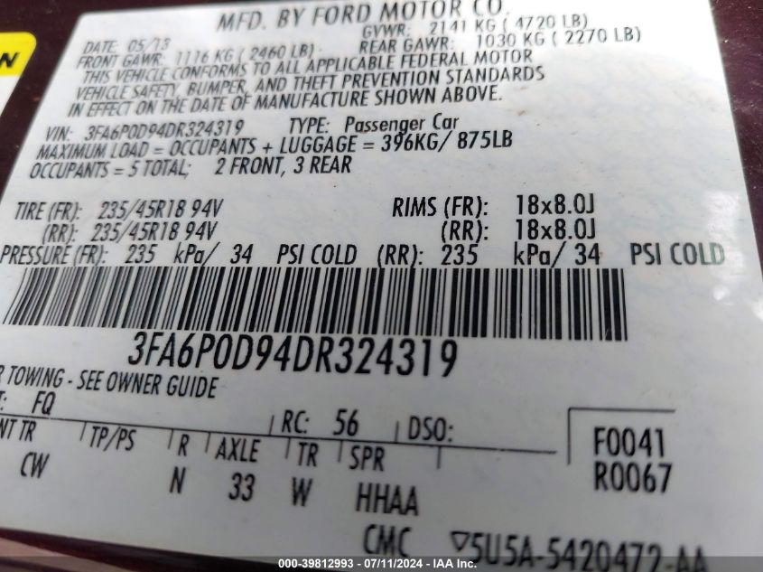 2013 Ford Fusion Titanium VIN: 3FA6P0D94DR324319 Lot: 39812993