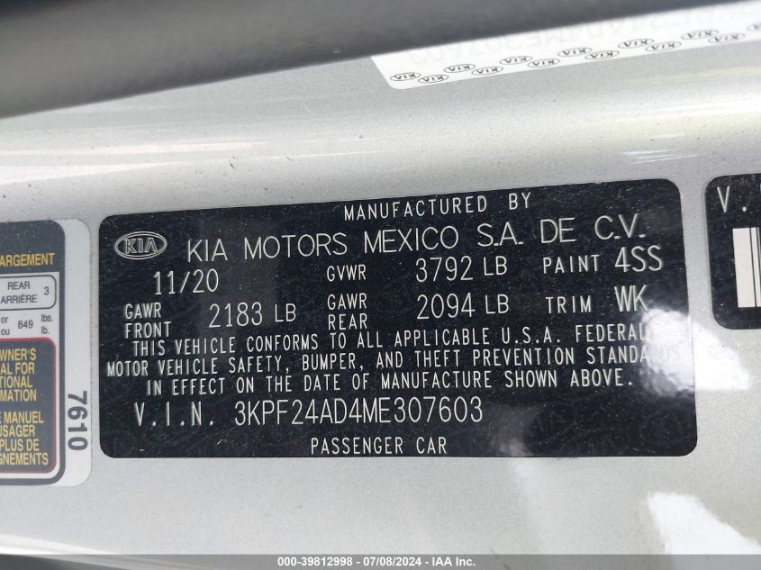 2021 Kia Forte Fe/Lxs VIN: 3KPF24AD4ME307603 Lot: 39812998