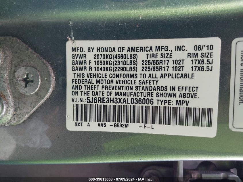 2010 Honda Cr-V Lx VIN: 5J6RE3H3XAL036006 Lot: 39813008