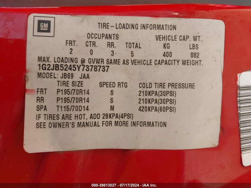 2000 Pontiac Sunfire Se VIN: 1G2JB5245Y7378737 Lot: 39813027