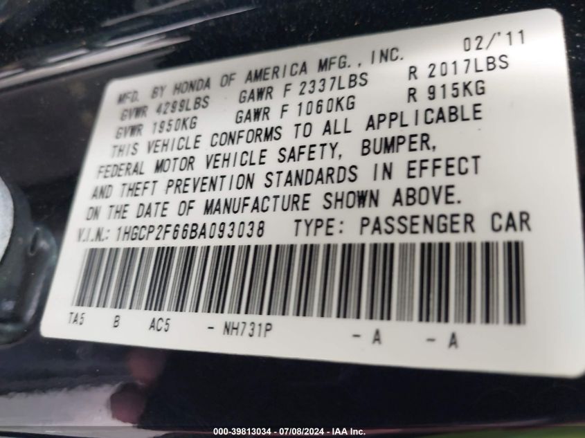 2011 Honda Accord Se VIN: 1HGCP2F66BA093038 Lot: 39813034